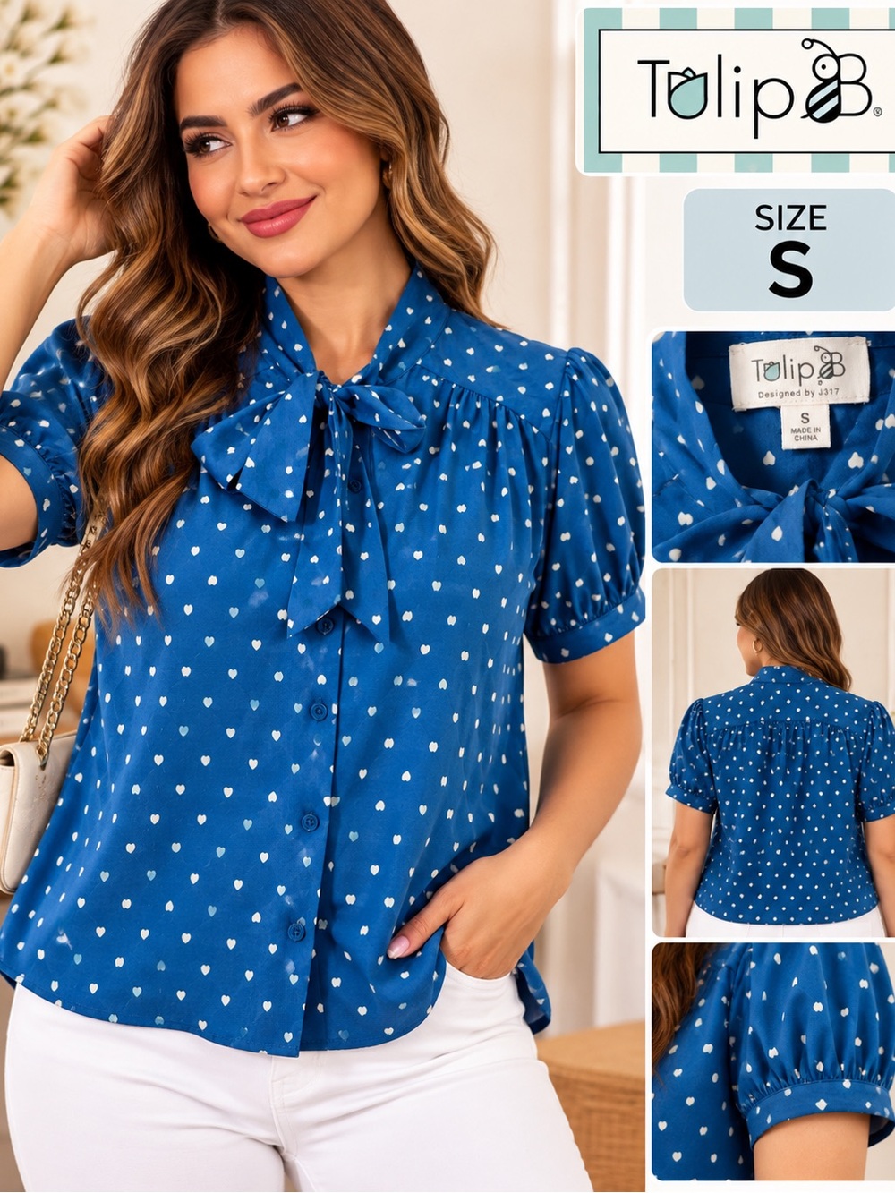 Tulip Blue Heart-Print Tie-Neck Blouse
